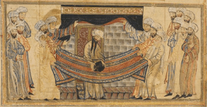 Muhammad lifts the black stone into the right position at the Ka'aba. In Rashid al-Din's Jami al-Tawarikh (714/1314)